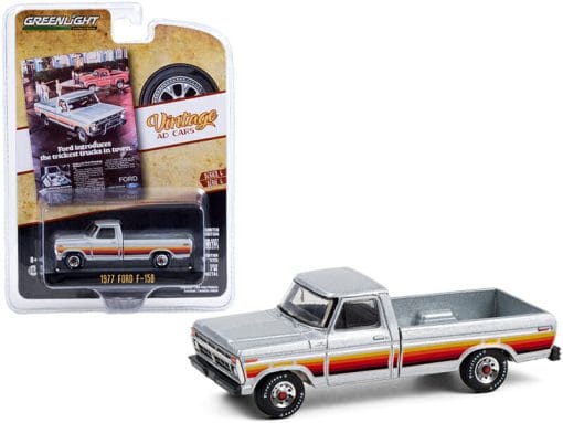 1977 Ford F-150 Pickup Truck Silver with Stripes &#8220;Ford Introduces The Trickest Trucks In Town&#8221; &#8220;Vintage Ad Cars&#8221; Series 4 1/64 Diecast Model Car by Greenlight, Top Smart Design