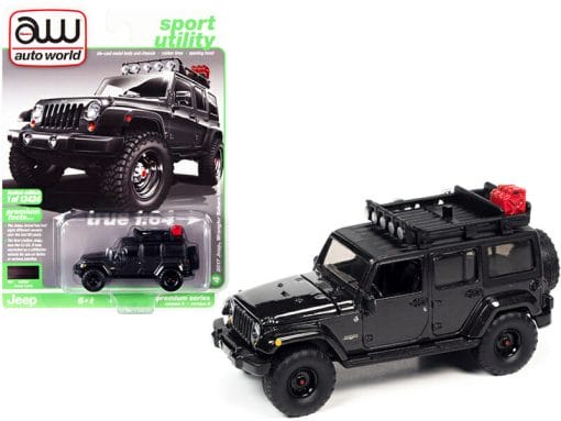 2017 Jeep Wrangler Sahara Unlimited with Roof Rack and Off-Road Wheels Granite Crystal Black &#8220;Sport Utility&#8221; Limited Edition to 13424 pieces Worldwide 1/64 Diecast Model Car by Autoworld, Top Smart Design