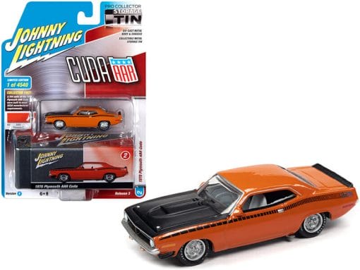 1970 Plymouth AAR Barracuda Vitamin C Orange with Black Stripes and Hood and Collector Tin Limited Edition to 4540 pieces Worldwide 1/64 Diecast Model Car by Johnny Lightning, Top Smart Design