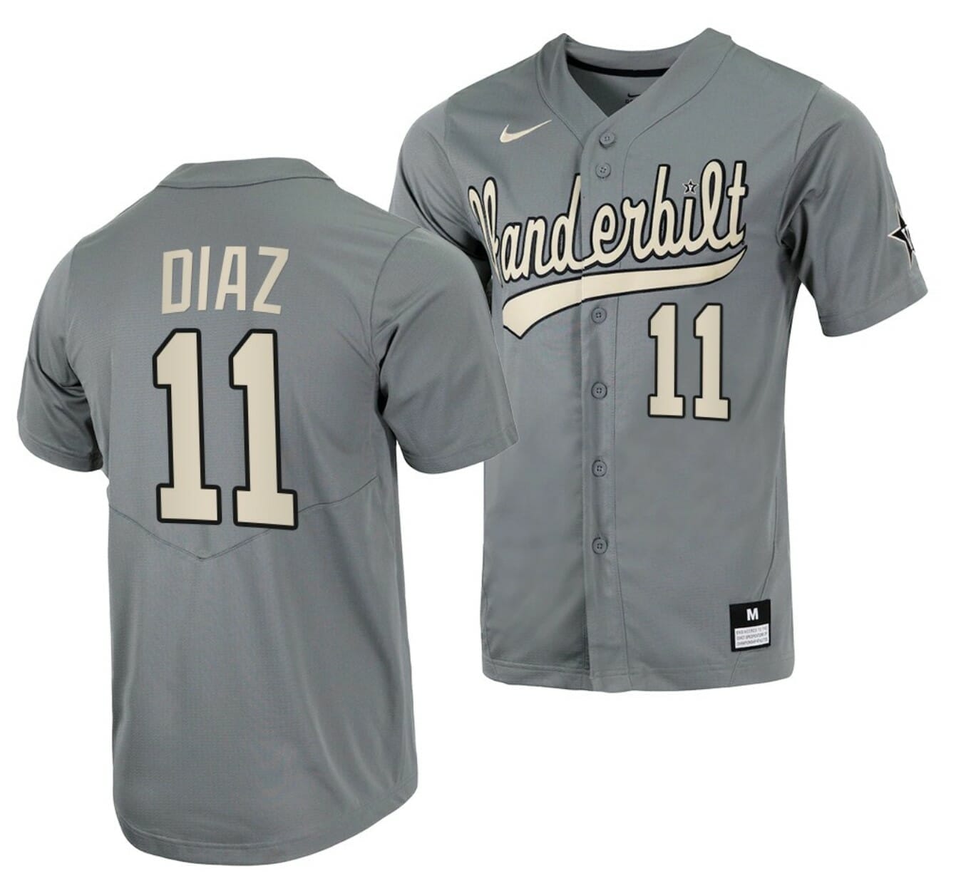 NCAA Baseball Jersey Davis Diaz Vanderbilt Commodores College Full-Button Grey #11